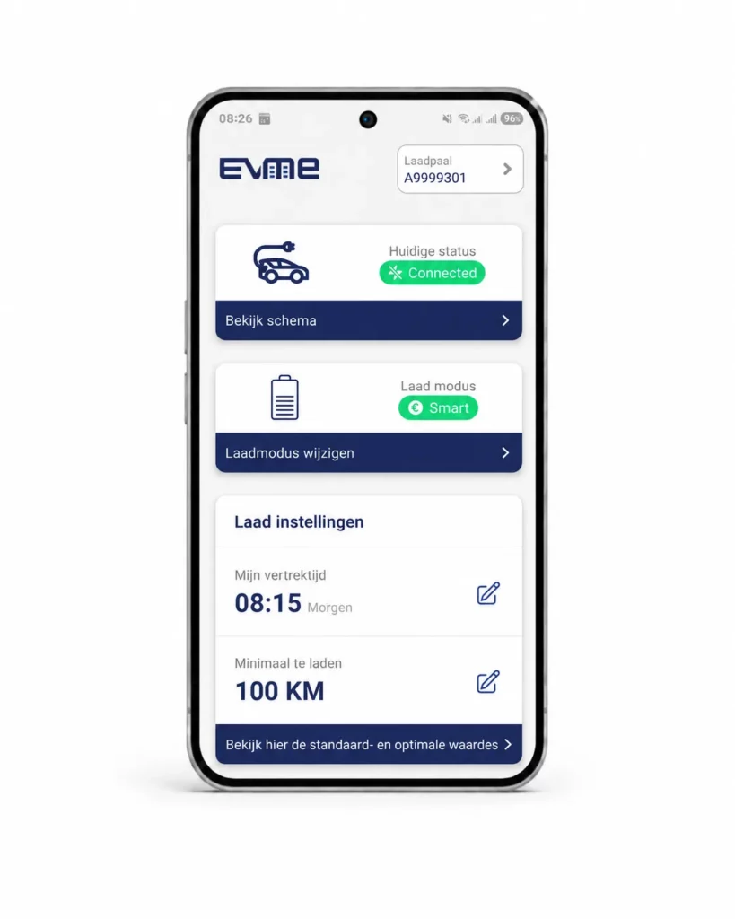 EVME App instelling vertrektijd en laaddoel in km voor EV in appartementsgebouw